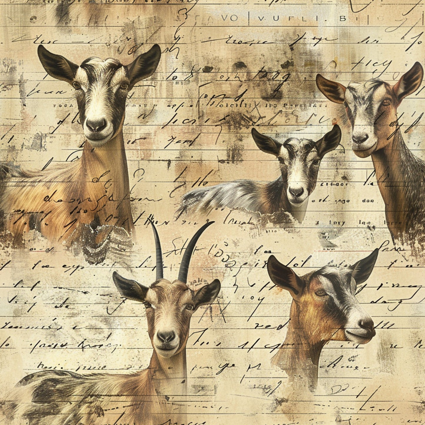 beige, tan, brown, cream, goats, farm animals, vintage handwriting, script text, rustic, country style, pastoral, quilting cotton, fabric panel, antique paper, sepia tones, livestock, farmhouse, aged parchment, animal portraits, rural theme