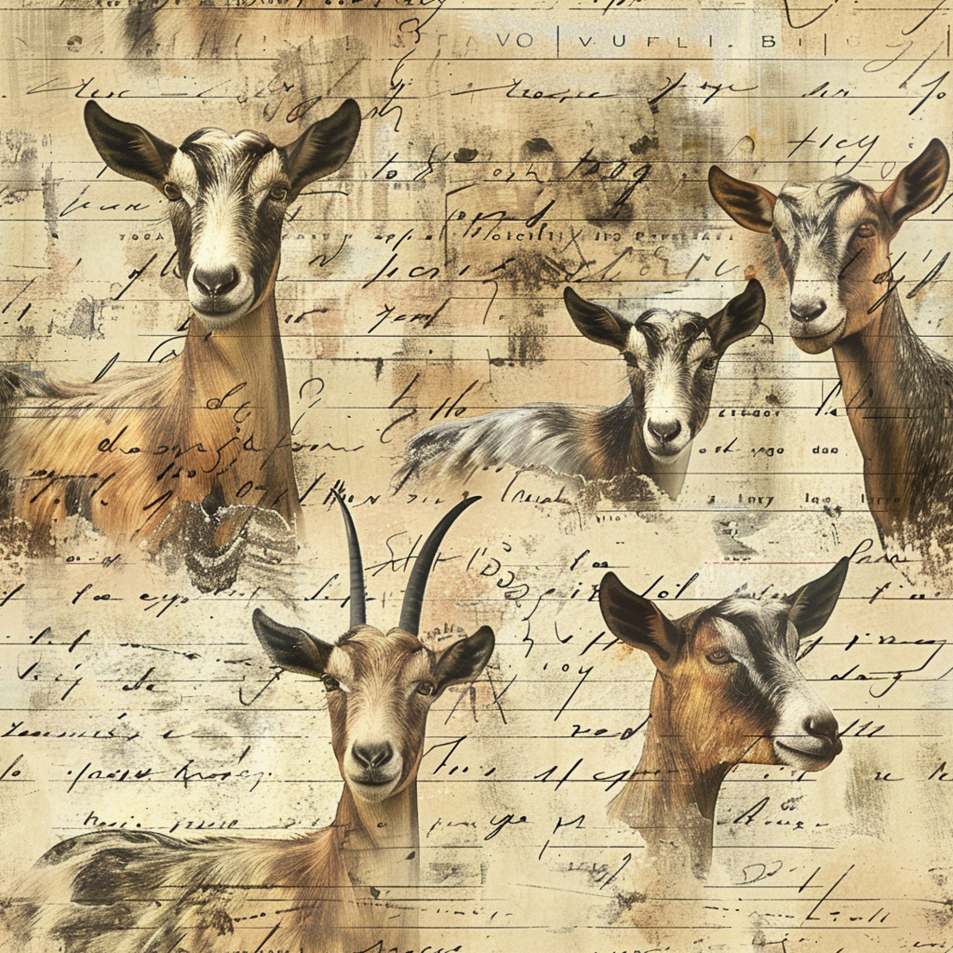 beige, tan, brown, cream, goats, farm animals, vintage handwriting, script text, rustic, country style, pastoral, quilting cotton, fabric panel, antique paper, sepia tones, livestock, farmhouse, aged parchment, animal portraits, rural theme