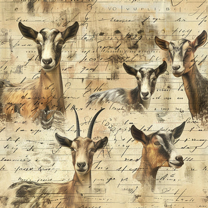 beige, tan, brown, cream, goats, farm animals, vintage handwriting, script text, rustic, country style, pastoral, quilting cotton, fabric panel, antique paper, sepia tones, livestock, farmhouse, aged parchment, animal portraits, rural theme