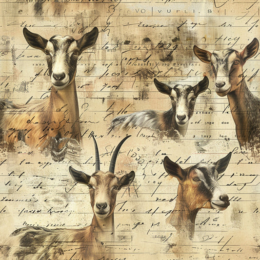 beige, tan, brown, cream, goats, farm animals, vintage handwriting, script text, rustic, country style, pastoral, quilting cotton, fabric panel, antique paper, sepia tones, livestock, farmhouse, aged parchment, animal portraits, rural theme