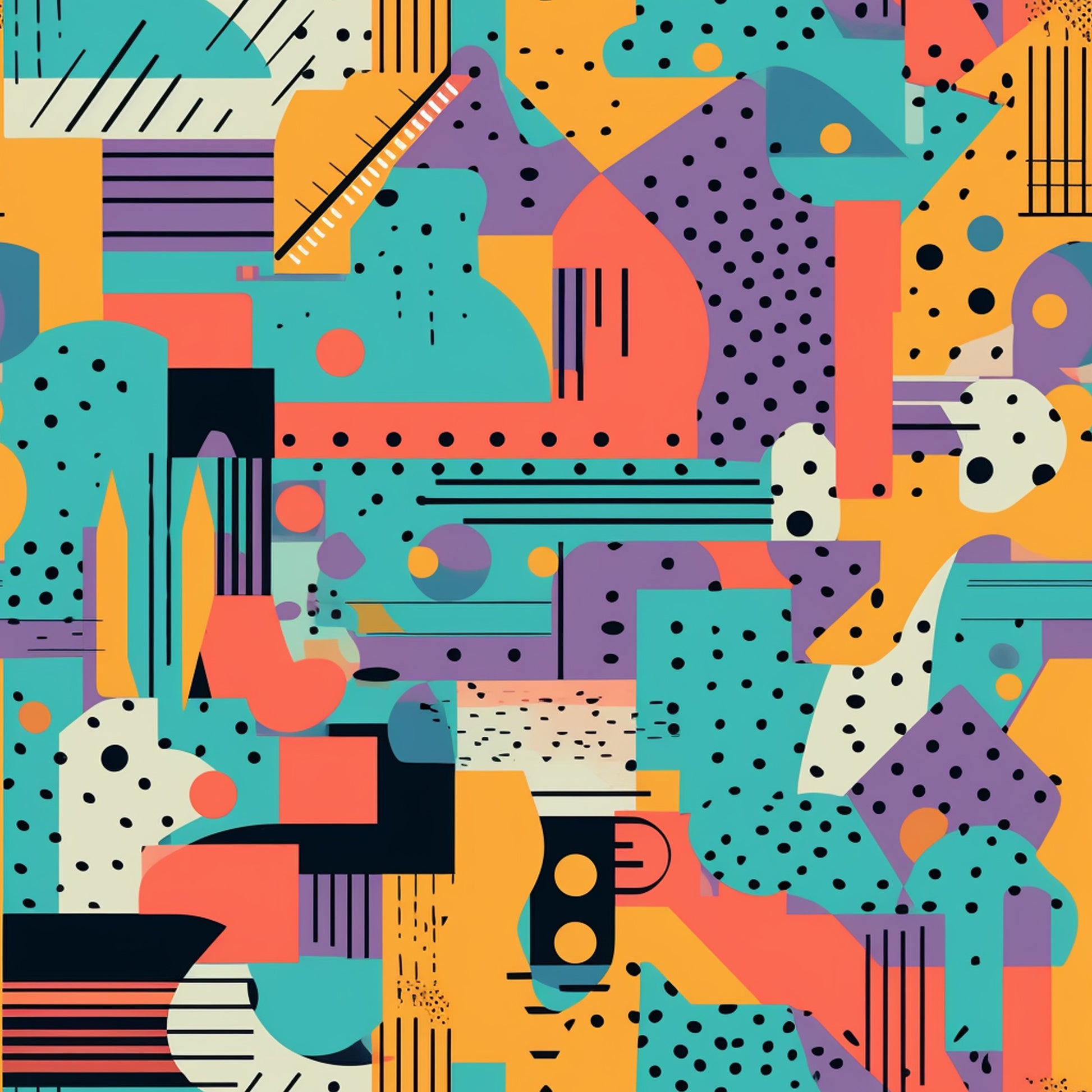 turquoise, orange, purple, coral, geometric shapes, abstract pattern, polka dots, stripes, overlapping forms, modern art style, retro design, groovy aesthetic, boho pattern, hippie motif, quilting cotton, fabric panel, vibrant colors, contemporary design, artistic composition, eclectic mix