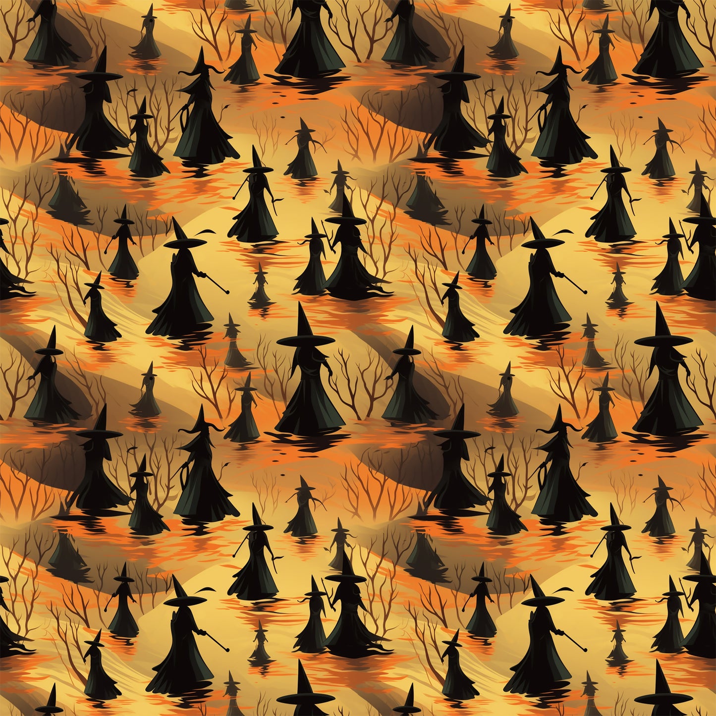 halloween fabric, witches, silhouettes, orange, yellow, amber, black, pointed hats, broomsticks, bare trees, spooky atmosphere, autumn colors, seamless pattern, quilting cotton, fabric panel, witch figures, halloween motif, seasonal fabric, craft material, repetitive design
