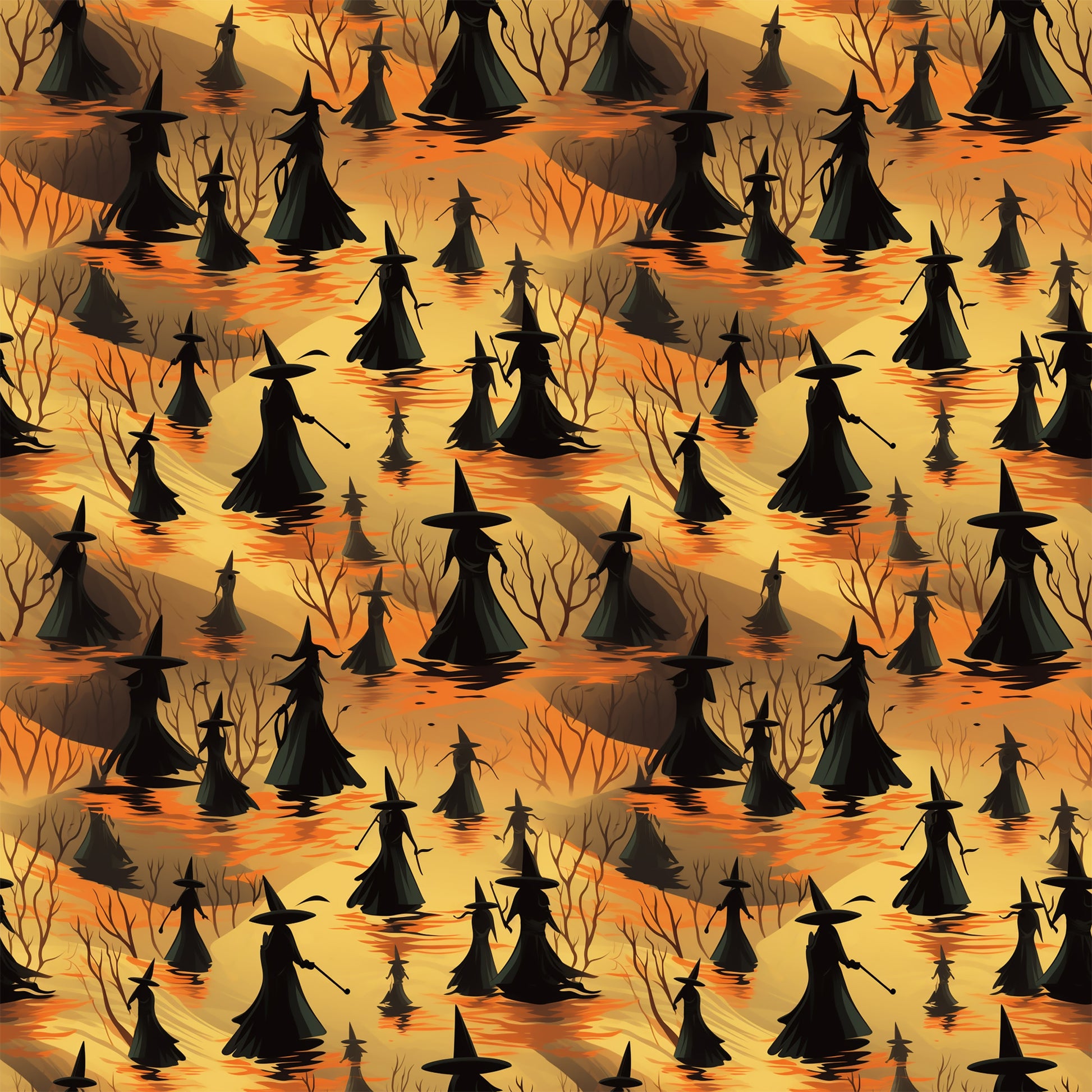 halloween fabric, witches, silhouettes, orange, yellow, amber, black, pointed hats, broomsticks, bare trees, spooky atmosphere, autumn colors, seamless pattern, quilting cotton, fabric panel, witch figures, halloween motif, seasonal fabric, craft material, repetitive design