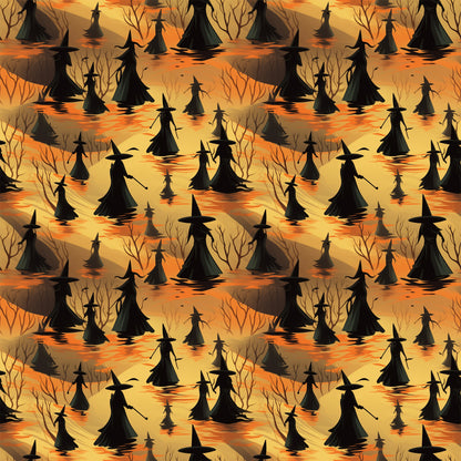halloween fabric, witches, silhouettes, orange, yellow, amber, black, pointed hats, broomsticks, bare trees, spooky atmosphere, autumn colors, seamless pattern, quilting cotton, fabric panel, witch figures, halloween motif, seasonal fabric, craft material, repetitive design