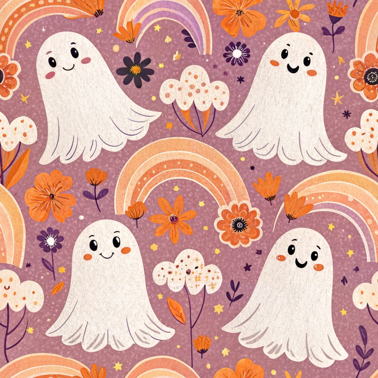 purple background, orange rainbows, white ghosts, cute ghosts, smiling faces, autumn flowers, orange blossoms, retro style, whimsical pattern, halloween fabric, quilting cotton, fabric panel, seasonal design, playful ghosts, floral elements, purple and orange, kawaii style, friendly spirits, decorative rainbows, fall colors