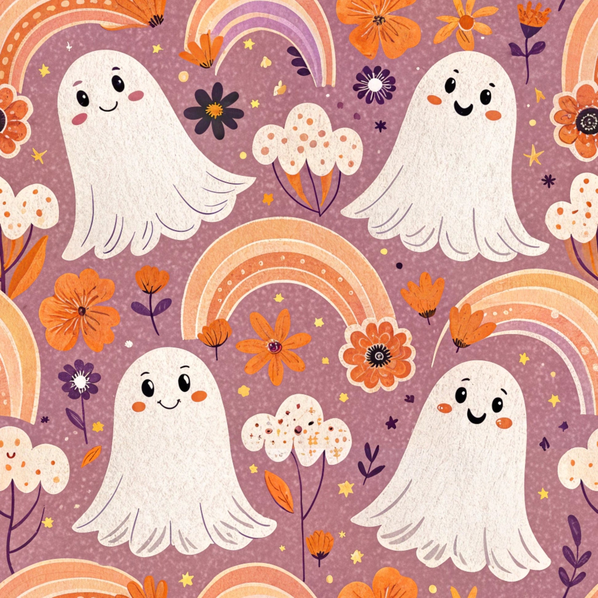purple background, orange rainbows, white ghosts, cute ghosts, smiling faces, autumn flowers, orange blossoms, retro style, whimsical pattern, halloween fabric, quilting cotton, fabric panel, seasonal design, playful ghosts, floral elements, purple and orange, kawaii style, friendly spirits, decorative rainbows, fall colors