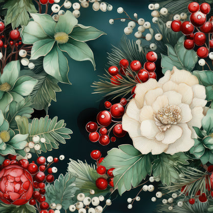 christmas florals, quilting cotton, fabric panel, deep teal, sage green, cream flowers, red berries, white berries, pine needles, evergreen foliage, botanical pattern, holiday botanicals, winter florals, festive colors, seamless design, cotton fabric, quilting material, christmas decor, holiday crafting, floral motifs