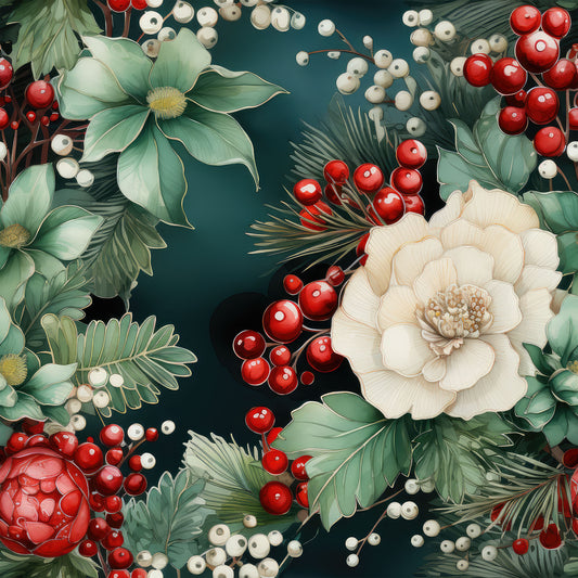 christmas florals, quilting cotton, fabric panel, deep teal, sage green, cream flowers, red berries, white berries, pine needles, evergreen foliage, botanical pattern, holiday botanicals, winter florals, festive colors, seamless design, cotton fabric, quilting material, christmas decor, holiday crafting, floral motifs
