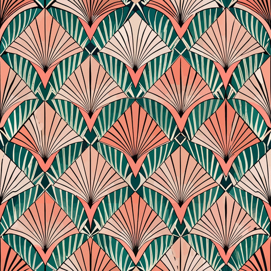 coral pink, teal green, cream beige, fan motifs, geometric pattern, art deco style, radiating lines, chevron shapes, repetitive design, vintage inspired, cotton fabric, quilting panel, scalloped edges, symmetrical layout, retro aesthetic, decorative fans, angular geometry