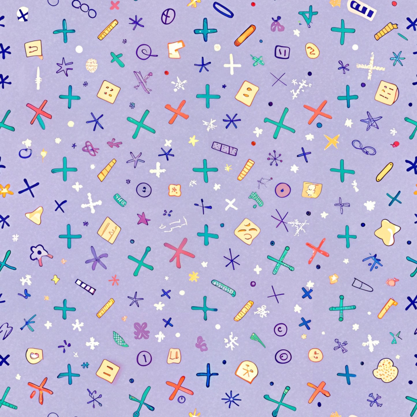 purple background, school supplies, mathematical symbols, plus signs, crosses, colorful icons, scattered pattern, geometric shapes, educational theme, quilting cotton, fabric panel, back to school, whimsical design, multi-colored elements, academic motifs, learning symbols, craft fabric, sewing material, children's fabric, playful pattern