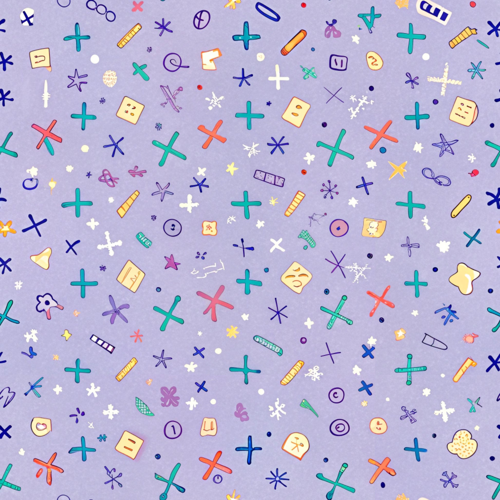 purple background, school supplies, mathematical symbols, plus signs, crosses, colorful icons, scattered pattern, geometric shapes, educational theme, quilting cotton, fabric panel, back to school, whimsical design, multi-colored elements, academic motifs, learning symbols, craft fabric, sewing material, children's fabric, playful pattern