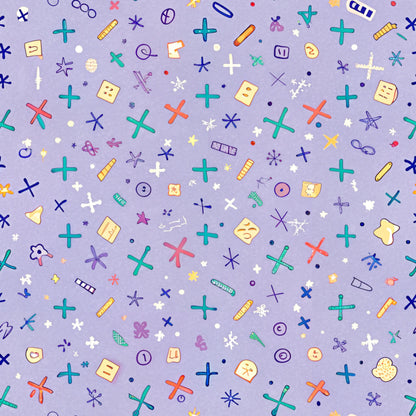 purple background, school supplies, mathematical symbols, plus signs, crosses, colorful icons, scattered pattern, geometric shapes, educational theme, quilting cotton, fabric panel, back to school, whimsical design, multi-colored elements, academic motifs, learning symbols, craft fabric, sewing material, children's fabric, playful pattern