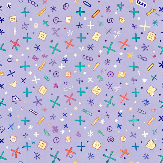 purple background, school supplies, mathematical symbols, plus signs, crosses, colorful icons, scattered pattern, geometric shapes, educational theme, quilting cotton, fabric panel, back to school, whimsical design, multi-colored elements, academic motifs, learning symbols, craft fabric, sewing material, children's fabric, playful pattern