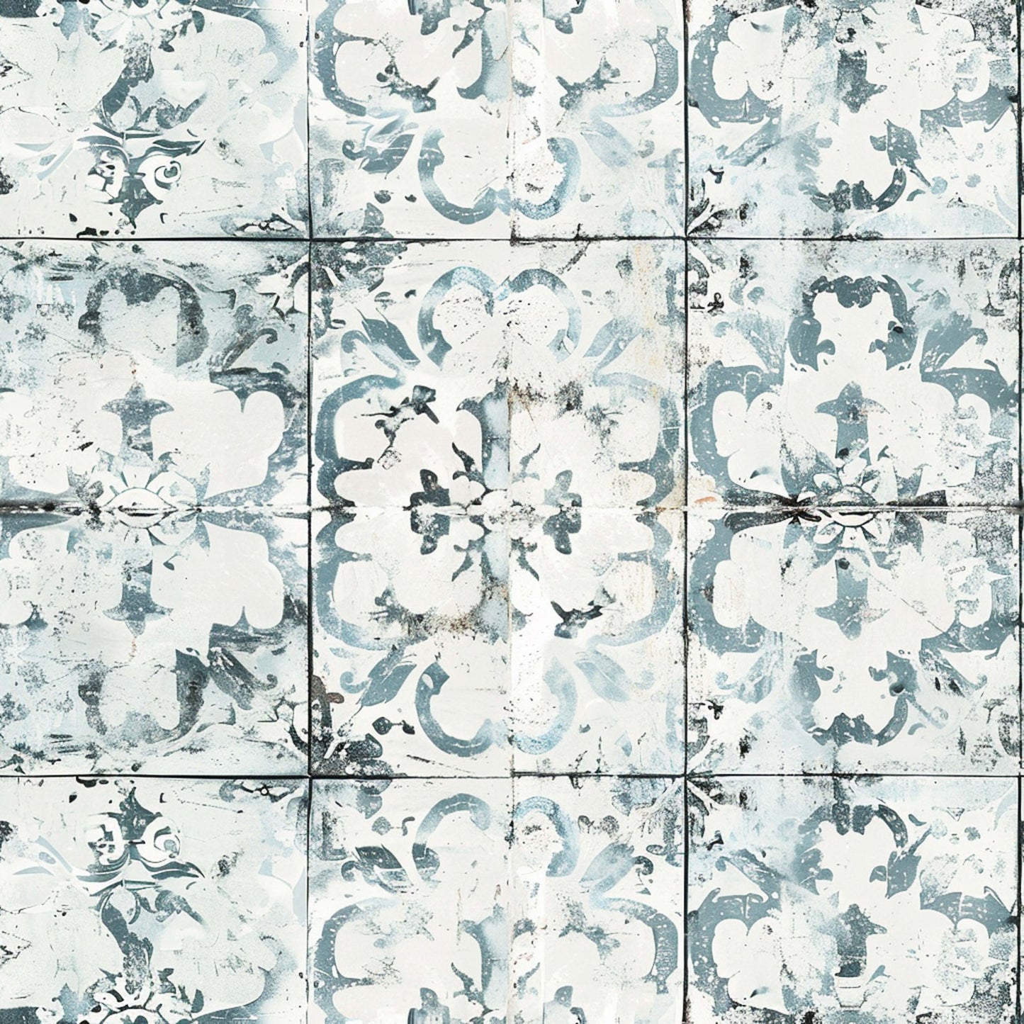 vintage tiles, distressed pattern, blue gray, cream white, ornate flourishes, decorative motifs, weathered texture, farmhouse style, quilting cotton, fabric panel, aged appearance, floral elements, damask design, rustic charm, shabby chic, antique tiles, faded colors, cottage style, vintage blooms