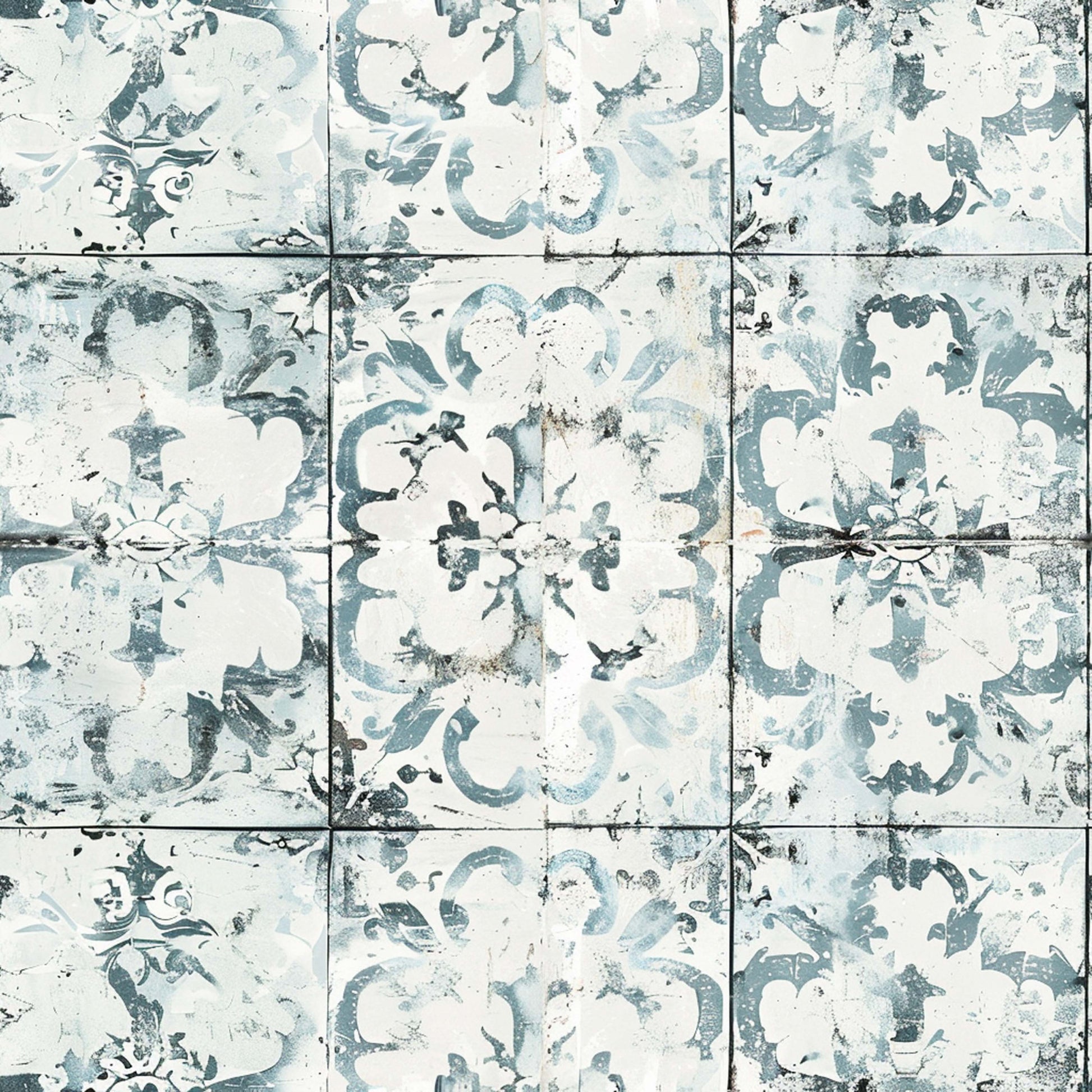 vintage tiles, distressed pattern, blue gray, cream white, ornate flourishes, decorative motifs, weathered texture, farmhouse style, quilting cotton, fabric panel, aged appearance, floral elements, damask design, rustic charm, shabby chic, antique tiles, faded colors, cottage style, vintage blooms