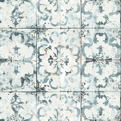 vintage tiles, distressed pattern, blue gray, cream white, ornate flourishes, decorative motifs, weathered texture, farmhouse style, quilting cotton, fabric panel, aged appearance, floral elements, damask design, rustic charm, shabby chic, antique tiles, faded colors, cottage style, vintage blooms