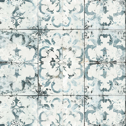 vintage tiles, distressed pattern, blue gray, cream white, ornate flourishes, decorative motifs, weathered texture, farmhouse style, quilting cotton, fabric panel, aged appearance, floral elements, damask design, rustic charm, shabby chic, antique tiles, faded colors, cottage style, vintage blooms
