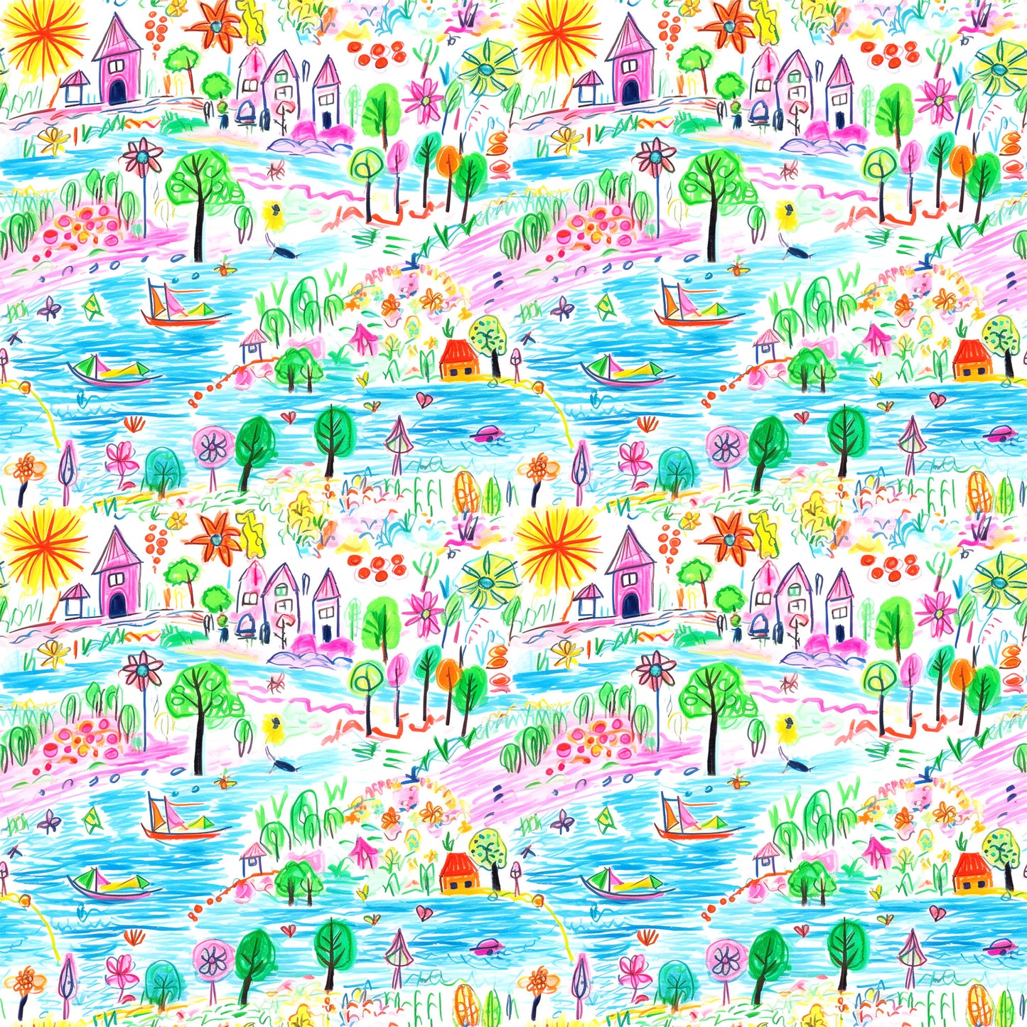 crayon drawing, child art style, whimsical landscape, bright colors, rainbow palette, houses, trees, boats, flowers, sun, water scene, playful design, quilting cotton, repeating pattern, colorful illustration, naive art, 童趣风格, fabric panel, cheerful motifs, nature elements