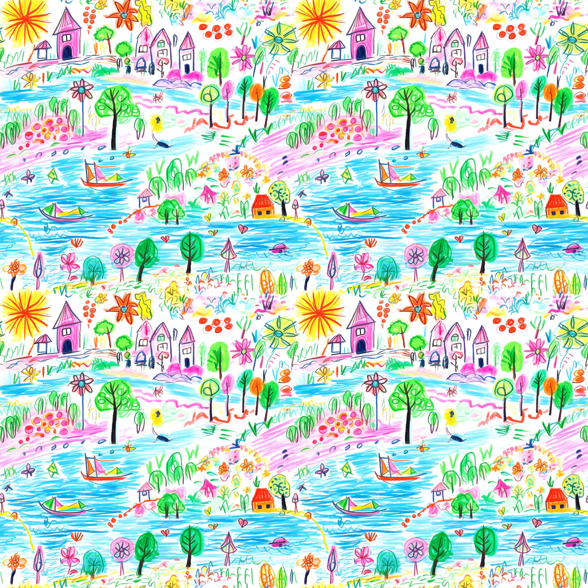 crayon drawing, child art style, whimsical landscape, bright colors, rainbow palette, houses, trees, boats, flowers, sun, water scene, playful design, quilting cotton, repeating pattern, colorful illustration, naive art, 童趣风格, fabric panel, cheerful motifs, nature elements