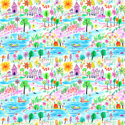 crayon drawing, child art style, whimsical landscape, bright colors, rainbow palette, houses, trees, boats, flowers, sun, water scene, playful design, quilting cotton, repeating pattern, colorful illustration, naive art, 童趣风格, fabric panel, cheerful motifs, nature elements