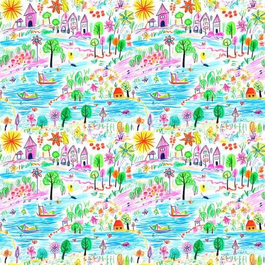 crayon drawing, child art style, whimsical landscape, bright colors, rainbow palette, houses, trees, boats, flowers, sun, water scene, playful design, quilting cotton, repeating pattern, colorful illustration, naive art, 童趣风格, fabric panel, cheerful motifs, nature elements