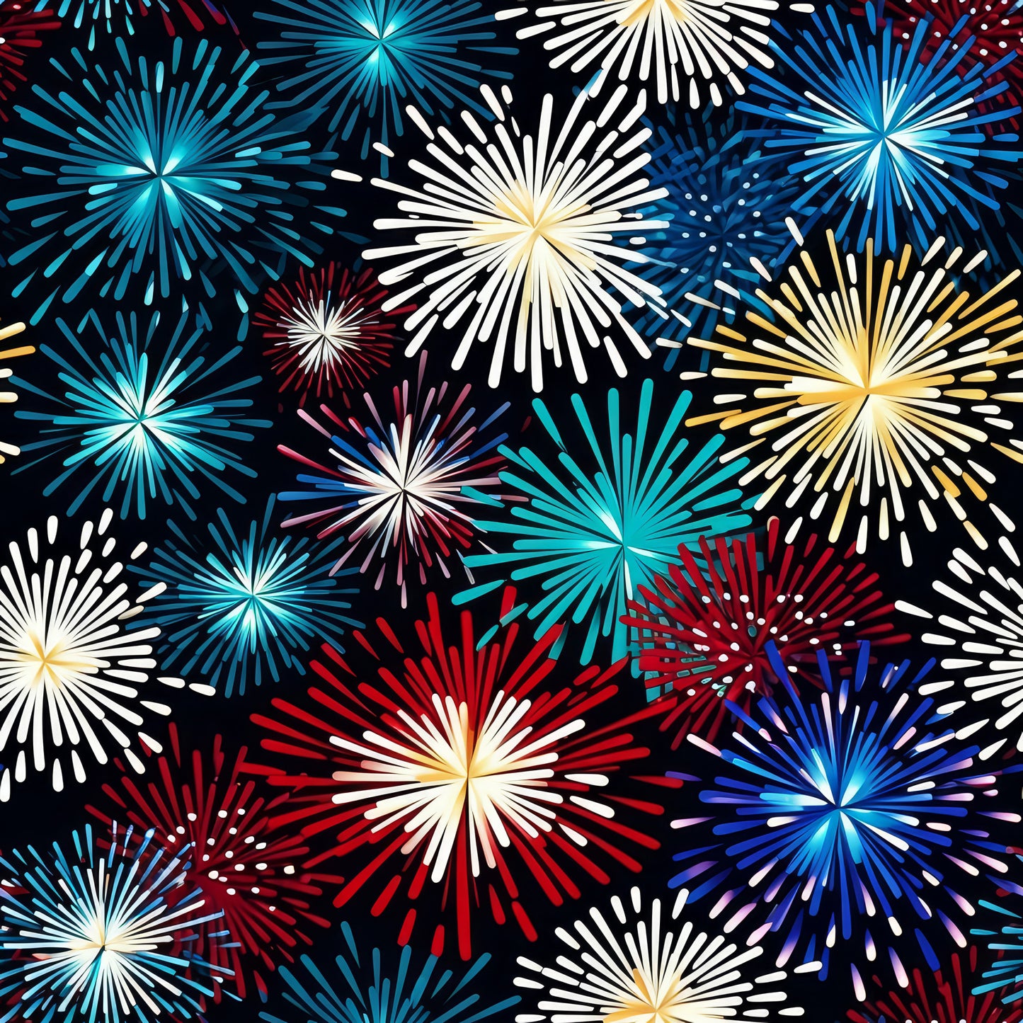 fireworks pattern, quilting cotton, fabric panel, red fireworks, blue fireworks, white fireworks, yellow fireworks, teal fireworks, black background, starburst design, celebration theme, patriotic colors, fourth of july, new year's eve, festive pattern, explosive bursts, radiating lines, holiday fabric, americana theme, cotton fabric