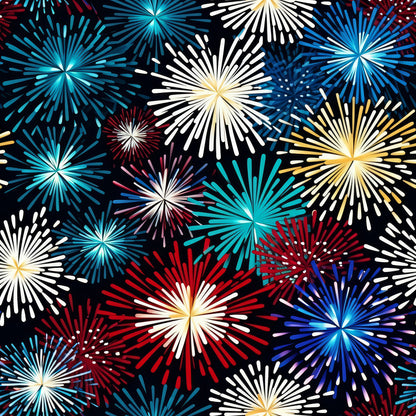 fireworks pattern, quilting cotton, fabric panel, red fireworks, blue fireworks, white fireworks, yellow fireworks, teal fireworks, black background, starburst design, celebration theme, patriotic colors, fourth of july, new year's eve, festive pattern, explosive bursts, radiating lines, holiday fabric, americana theme, cotton fabric