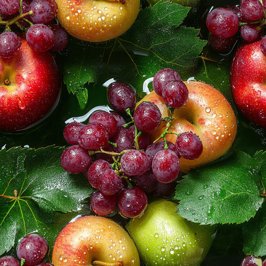fresh fruits, red grapes, green apples, peaches, water droplets, realistic photography, vibrant colors, deep red, golden yellow, bright green, nature pattern, fruit medley, quilting cotton, fabric panel, botanical design, summer harvest, juicy fruits, grape clusters, apple varieties, fresh produce