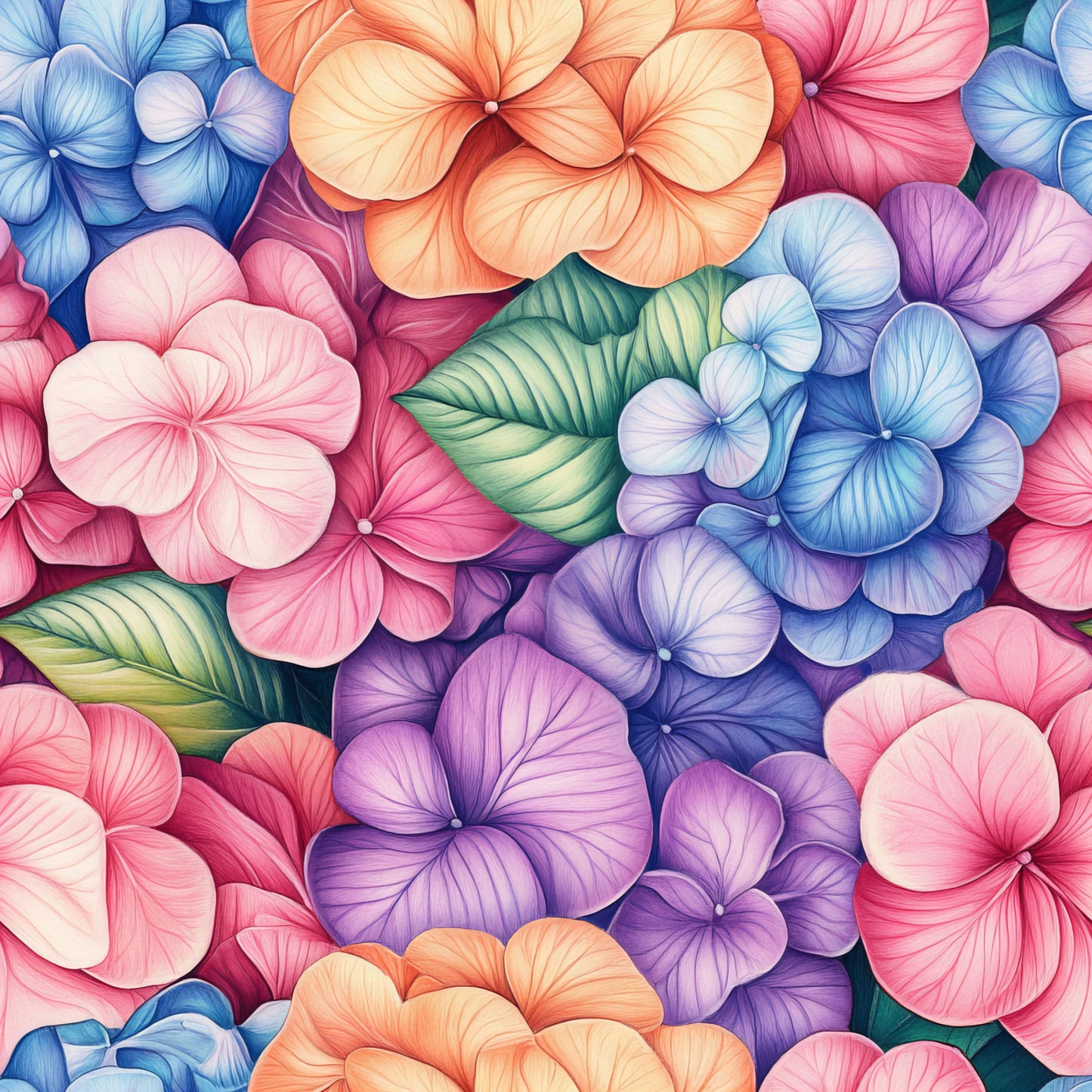 hydrangeas, floral pattern, pink flowers, purple flowers, blue flowers, orange flowers, pastel colors, botanical design, quilting cotton, fabric panel, garden flowers, spring blooms, watercolor style, clustered petals, green leaves, soft hues, nature motif, feminine design, delicate florals, artistic illustration