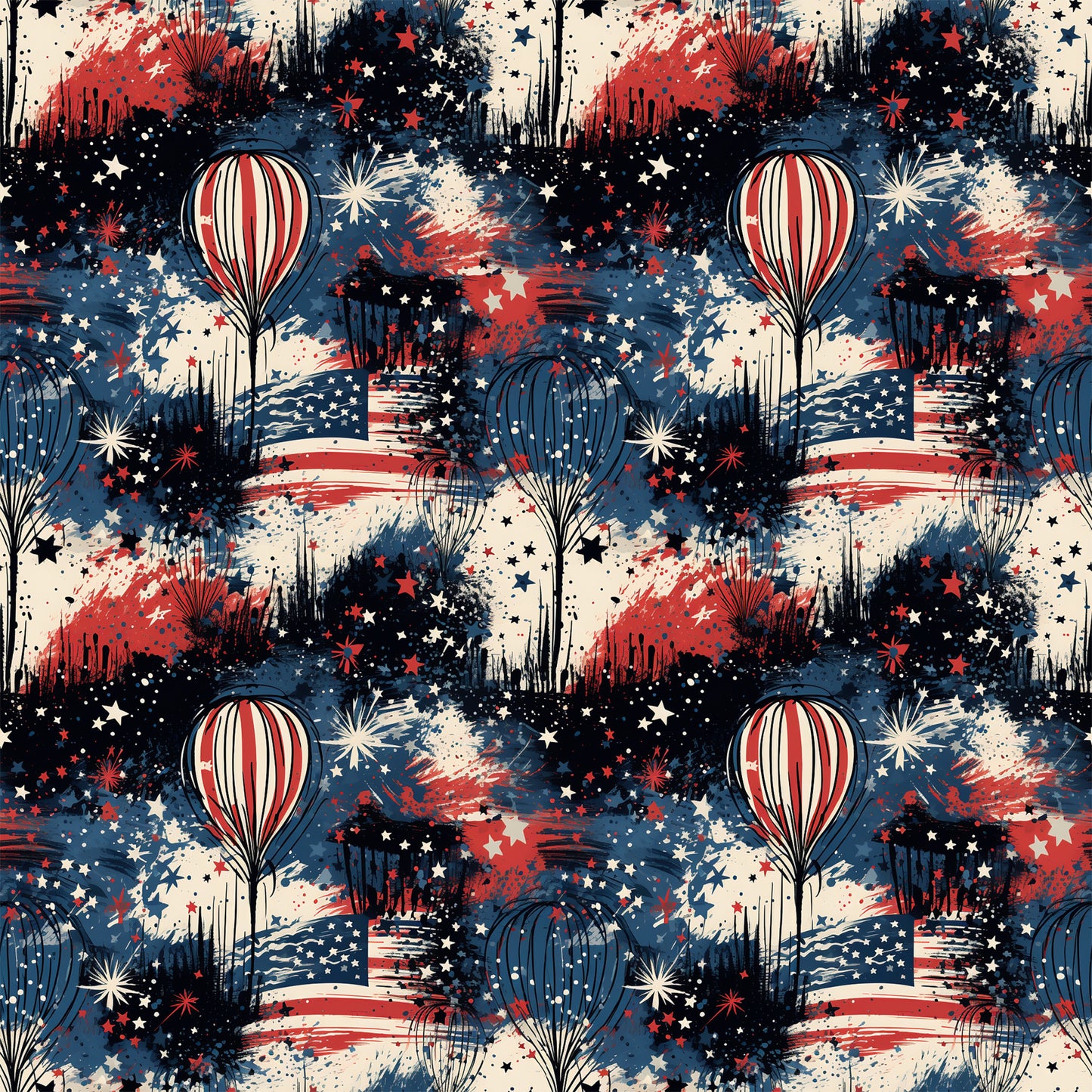 red, white, blue, patriotic, grunge, distressed, hot air balloons, fireworks, stars, stripes, american flag, paint splatter, weathered, vintage style, quilting cotton, fabric panel, fourth of july, independence day, textured background, repeating pattern