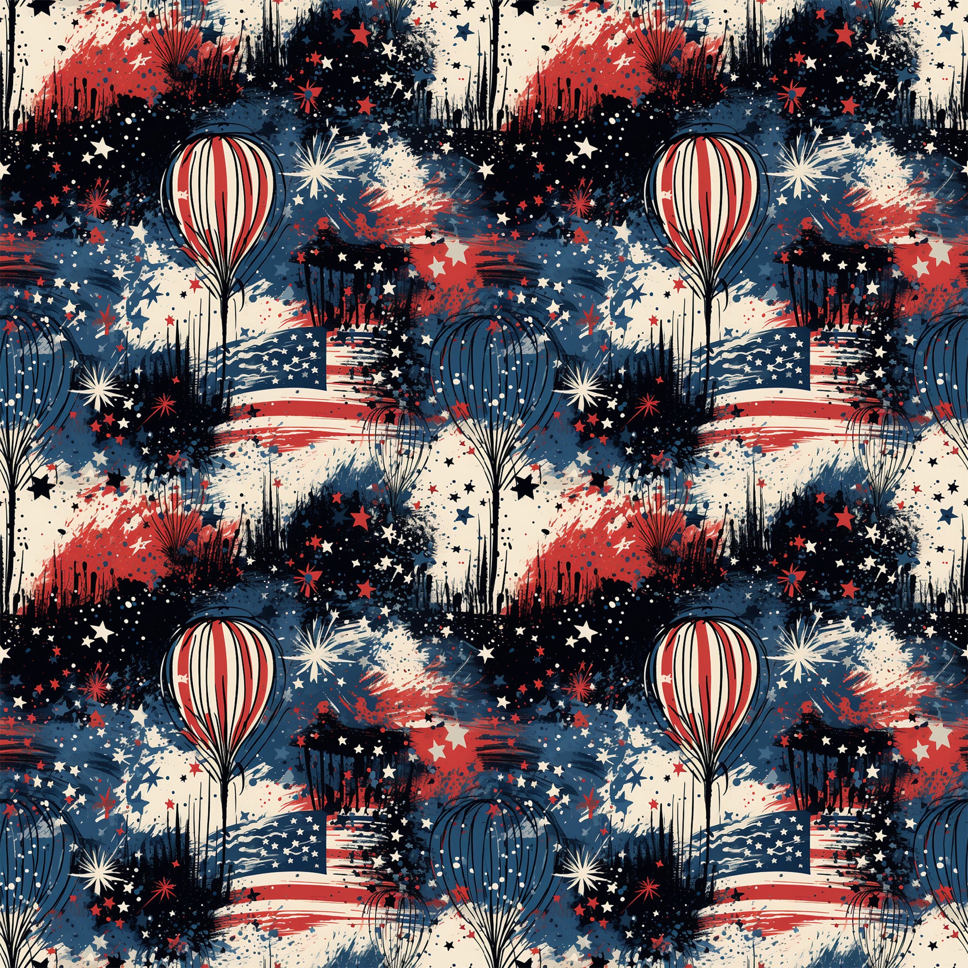red, white, blue, patriotic, grunge, distressed, hot air balloons, fireworks, stars, stripes, american flag, paint splatter, weathered, vintage style, quilting cotton, fabric panel, fourth of july, independence day, textured background, repeating pattern