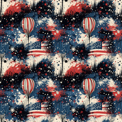 red, white, blue, patriotic, grunge, distressed, hot air balloons, fireworks, stars, stripes, american flag, paint splatter, weathered, vintage style, quilting cotton, fabric panel, fourth of july, independence day, textured background, repeating pattern