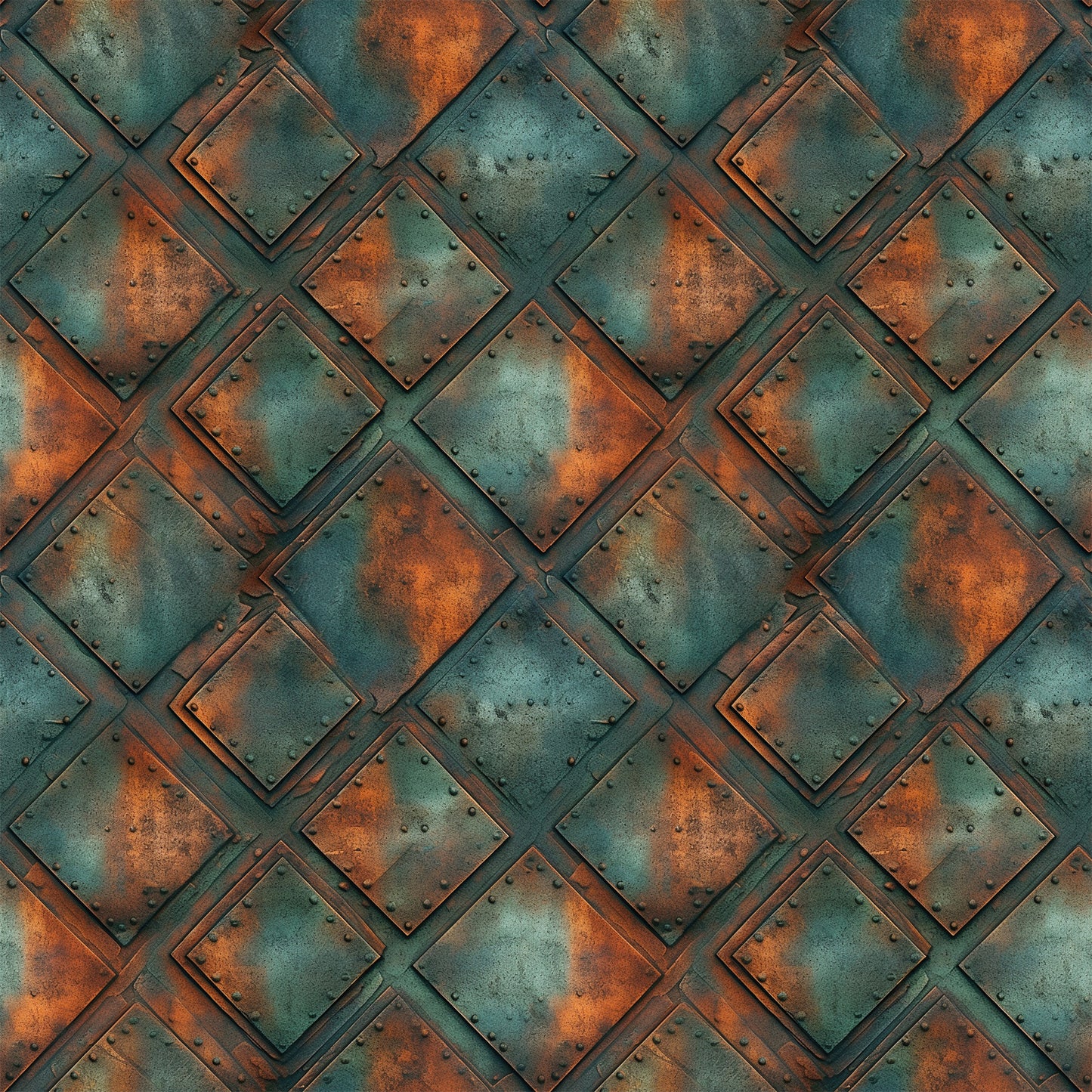 rusted metal, copper orange, teal green, weathered texture, industrial pattern, geometric squares, oxidized surface, steampunk style, metallic patina, riveted panels, aged iron, corroded finish, quilting cotton, fabric panel, distressed metal, vintage industrial, rust stains, metal plating, overlapping squares, antique copper