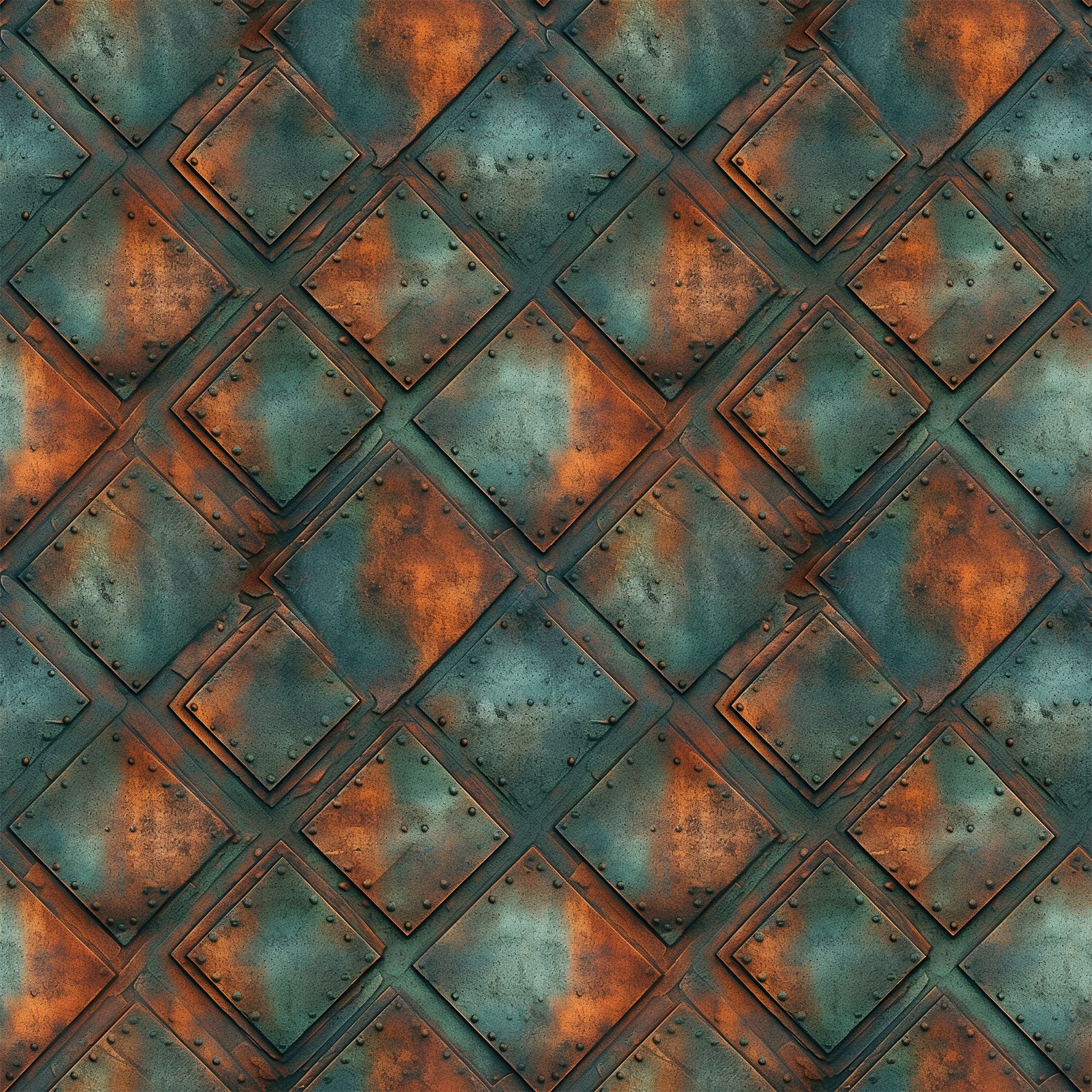 rusted metal, copper orange, teal green, weathered texture, industrial pattern, geometric squares, oxidized surface, steampunk style, metallic patina, riveted panels, aged iron, corroded finish, quilting cotton, fabric panel, distressed metal, vintage industrial, rust stains, metal plating, overlapping squares, antique copper