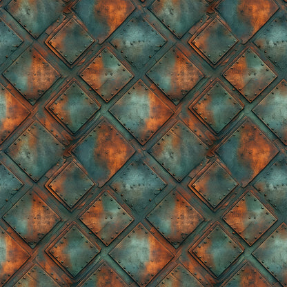 rusted metal, copper orange, teal green, weathered texture, industrial pattern, geometric squares, oxidized surface, steampunk style, metallic patina, riveted panels, aged iron, corroded finish, quilting cotton, fabric panel, distressed metal, vintage industrial, rust stains, metal plating, overlapping squares, antique copper