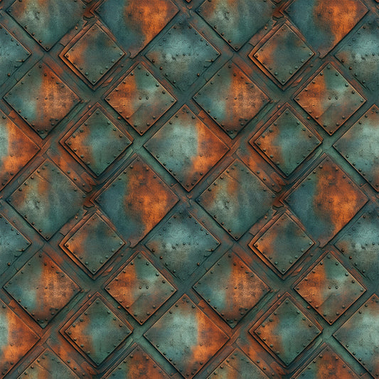 rusted metal, copper orange, teal green, weathered texture, industrial pattern, geometric squares, oxidized surface, steampunk style, metallic patina, riveted panels, aged iron, corroded finish, quilting cotton, fabric panel, distressed metal, vintage industrial, rust stains, metal plating, overlapping squares, antique copper