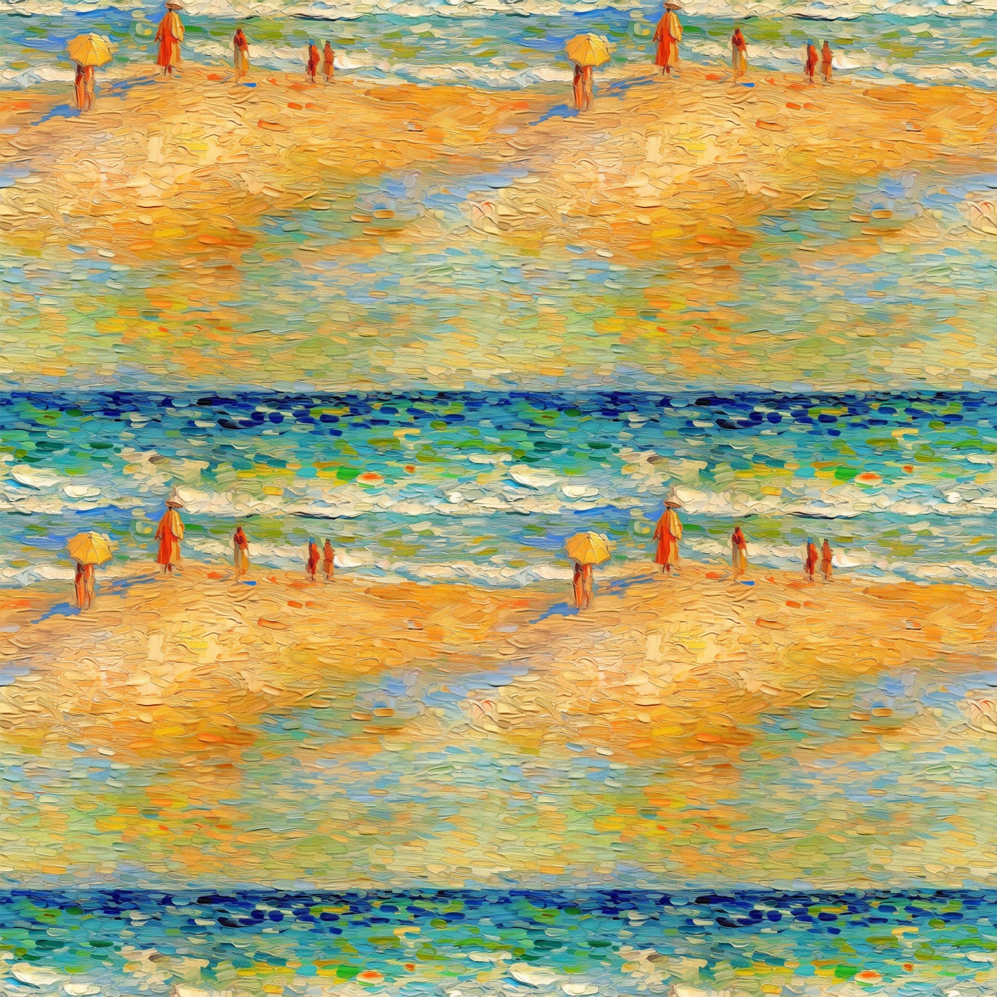 beach scene, ocean waves, golden sand, yellow umbrella, impressionist style, post-impressionist, brushstroke texture, blue water, orange figures, warm palette, seaside painting, artistic reproduction, cotton fabric, quilting panel, summer theme, coastal scene, painterly effect, vibrant colors, seascape pattern
