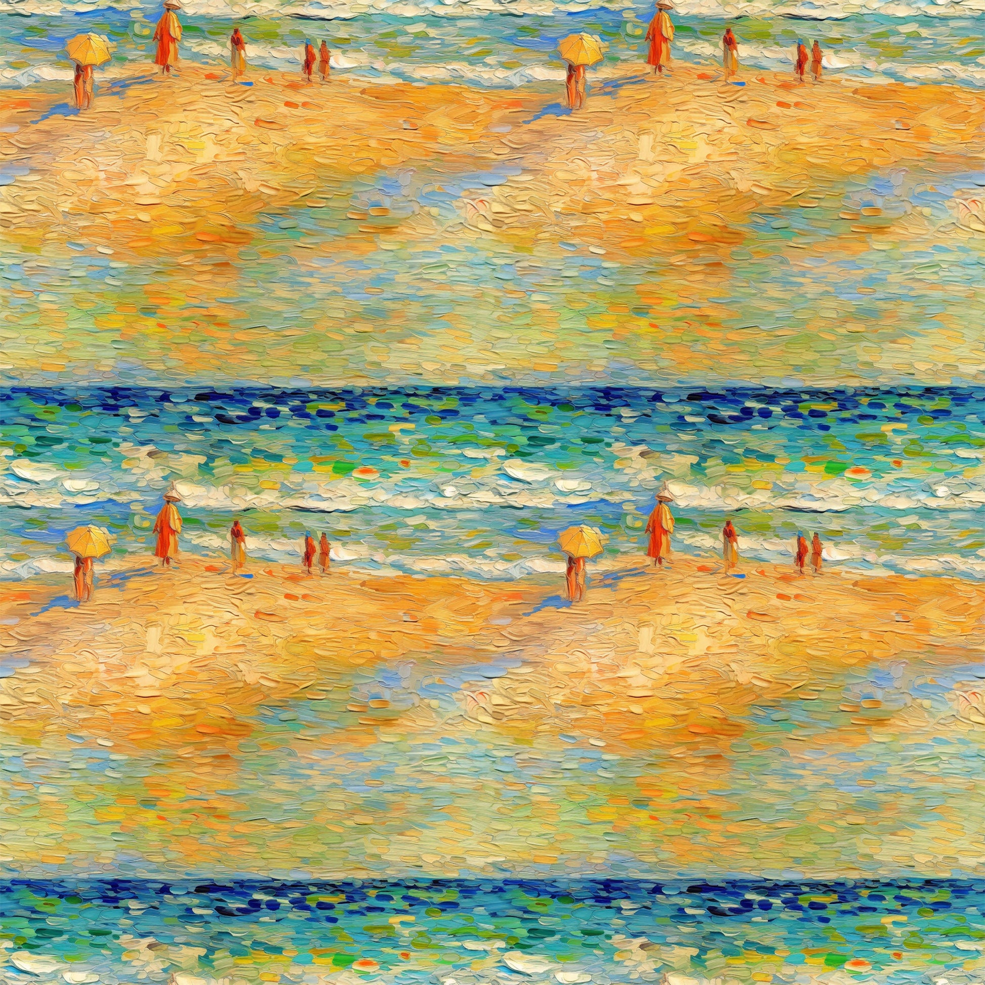 beach scene, ocean waves, golden sand, yellow umbrella, impressionist style, post-impressionist, brushstroke texture, blue water, orange figures, warm palette, seaside painting, artistic reproduction, cotton fabric, quilting panel, summer theme, coastal scene, painterly effect, vibrant colors, seascape pattern