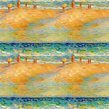beach scene, ocean waves, golden sand, yellow umbrella, impressionist style, post-impressionist, brushstroke texture, blue water, orange figures, warm palette, seaside painting, artistic reproduction, cotton fabric, quilting panel, summer theme, coastal scene, painterly effect, vibrant colors, seascape pattern
