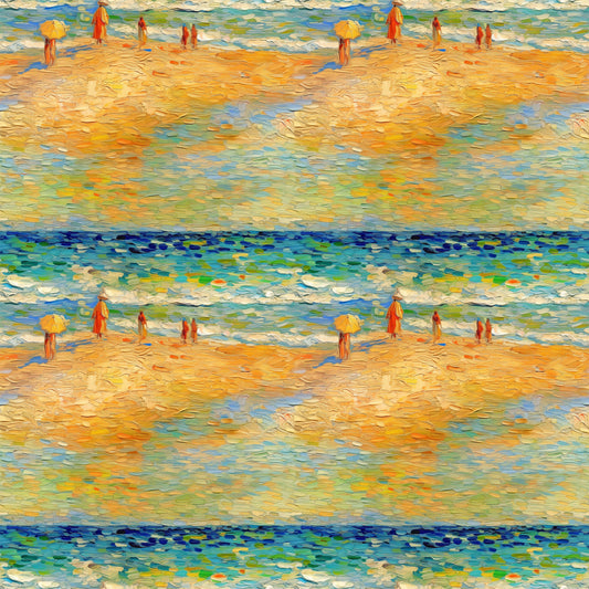 beach scene, ocean waves, golden sand, yellow umbrella, impressionist style, post-impressionist, brushstroke texture, blue water, orange figures, warm palette, seaside painting, artistic reproduction, cotton fabric, quilting panel, summer theme, coastal scene, painterly effect, vibrant colors, seascape pattern