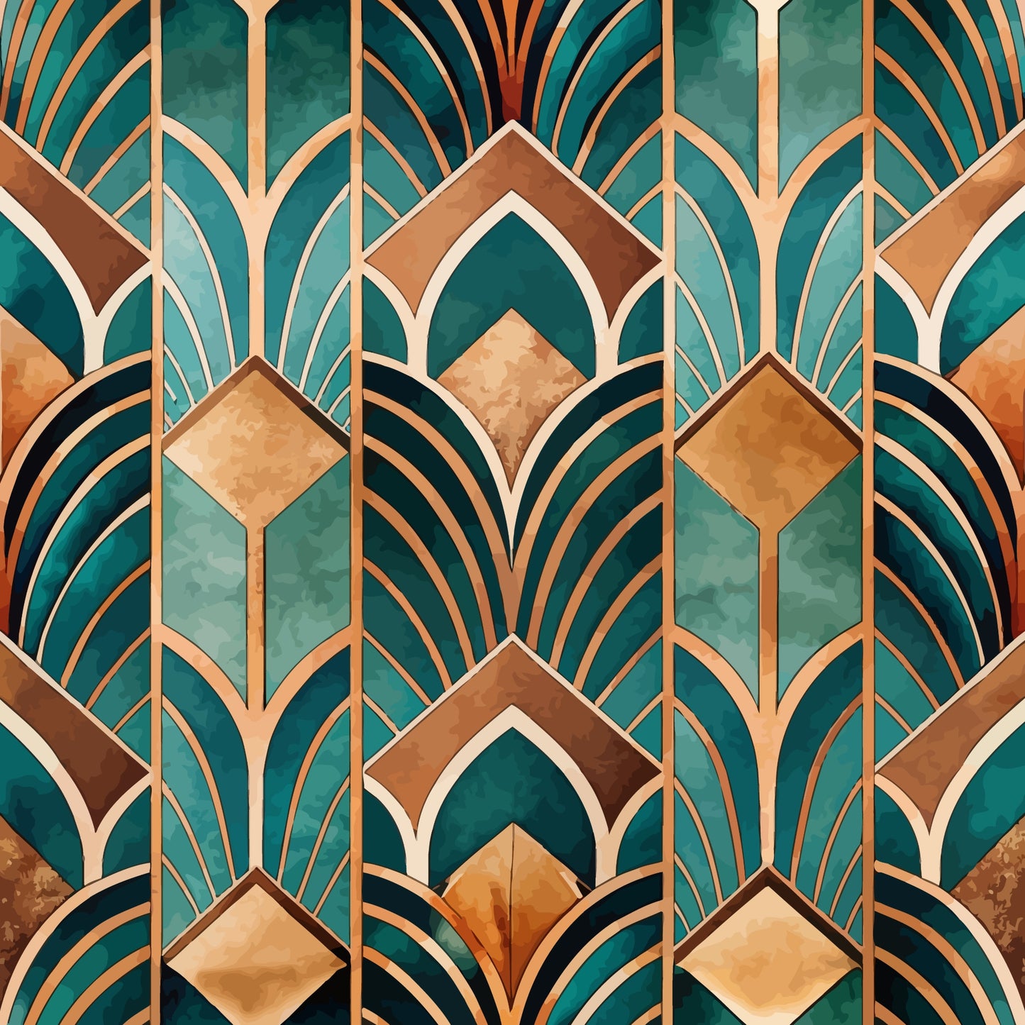 teal, emerald green, copper, bronze, gold, art deco, geometric pattern, fan motifs, scalloped arches, diamond shapes, repeating design, vintage style, 1920s inspired, elegant, luxurious, quilting cotton, fabric panel, stylized leaves, ornamental, sophisticated