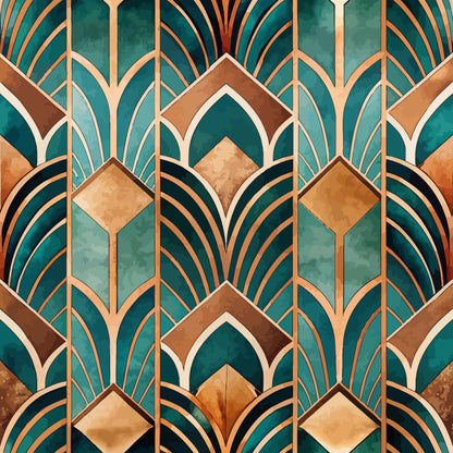 teal, emerald green, copper, bronze, gold, art deco, geometric pattern, fan motifs, scalloped arches, diamond shapes, repeating design, vintage style, 1920s inspired, elegant, luxurious, quilting cotton, fabric panel, stylized leaves, ornamental, sophisticated