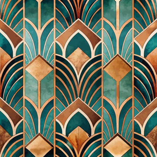 - Art Deco Pattern 15 Quilting Cotton Fabric  
- geometric shapes  
- teal, turquoise, bronze, gold, brown  
- vintage style  
- quilting material  
- cotton textile  
- elegant design  
- stylized arches  
- symmetrical lines  
- bold color contrast