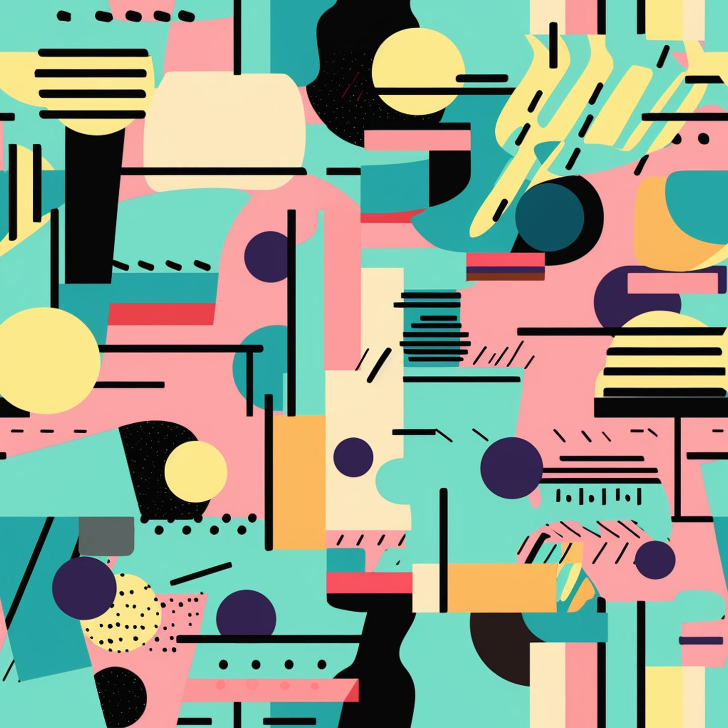 turquoise, pink, yellow, orange, purple, black, geometric shapes, abstract design, retro style, modern art, circles, lines, dashes, contemporary pattern, vibrant colors, quilting cotton, fabric panel, artistic composition, mid-century modern, colorful blocks