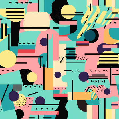 turquoise, pink, yellow, orange, purple, black, geometric shapes, abstract design, retro style, modern art, circles, lines, dashes, contemporary pattern, vibrant colors, quilting cotton, fabric panel, artistic composition, mid-century modern, colorful blocks