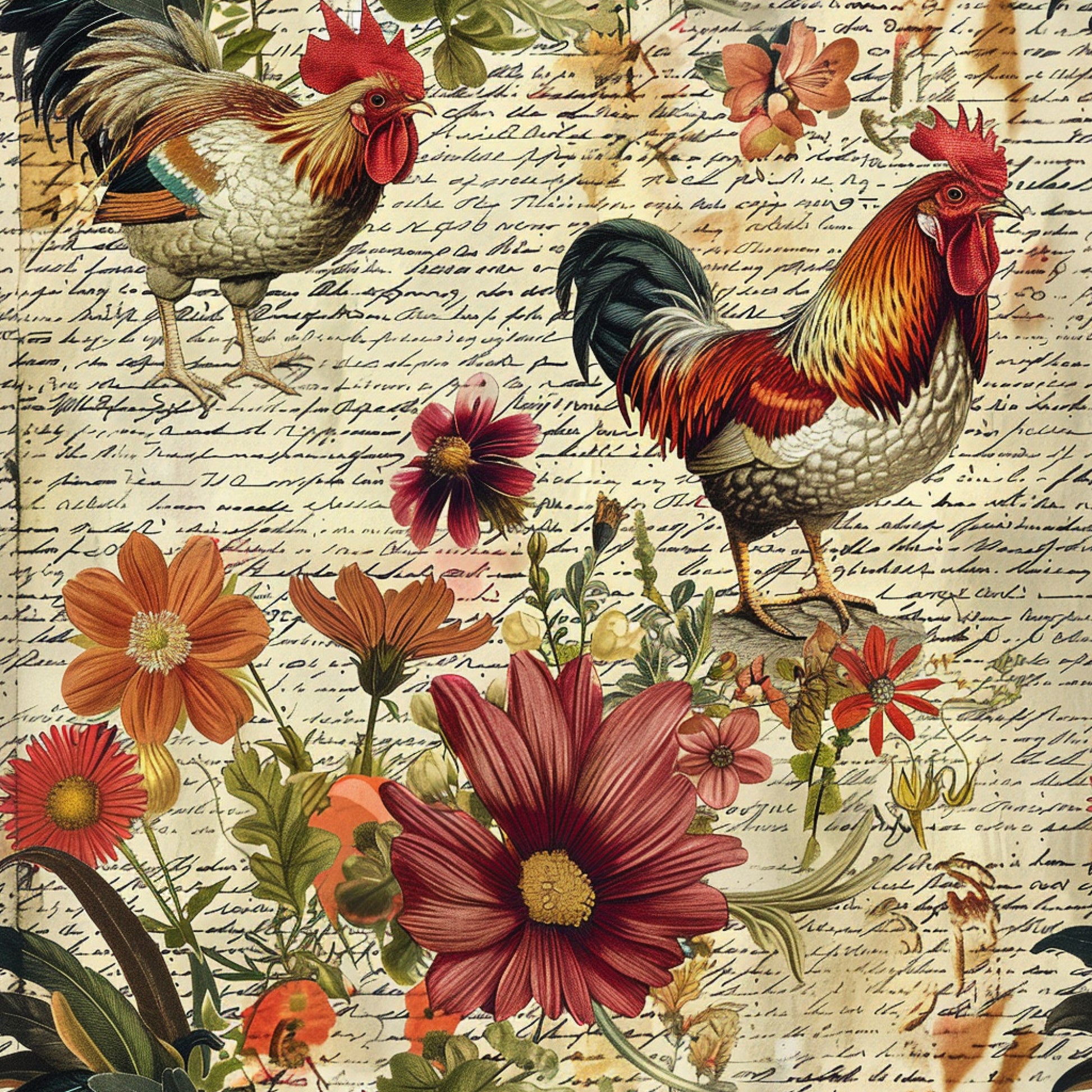 roosters, chickens, farm animals, vintage flowers, cosmos blooms, handwritten script, aged paper background, burgundy, rust orange, golden yellow, cream, botanical elements, country farm theme, vintage collage style, quilting cotton, fabric panel, pastoral design, antique manuscript, floral motifs, farmhouse aesthetic