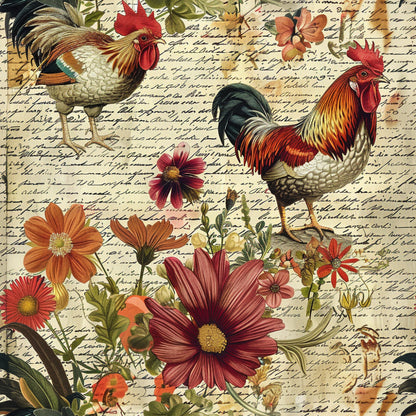 roosters, chickens, farm animals, vintage flowers, cosmos blooms, handwritten script, aged paper background, burgundy, rust orange, golden yellow, cream, botanical elements, country farm theme, vintage collage style, quilting cotton, fabric panel, pastoral design, antique manuscript, floral motifs, farmhouse aesthetic