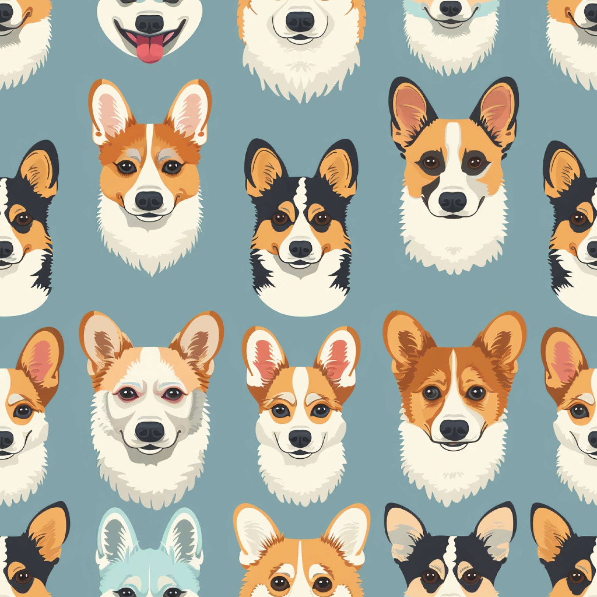 dog faces, corgi pattern, pet heads, orange fur, white markings, black ears, brown eyes, teal background, cute dogs, animal portraits, quilting cotton, fabric panel, geometric arrangement, playful design, pet lover, dog breed, furry texture, whimsical style, crafting material, sewing fabric