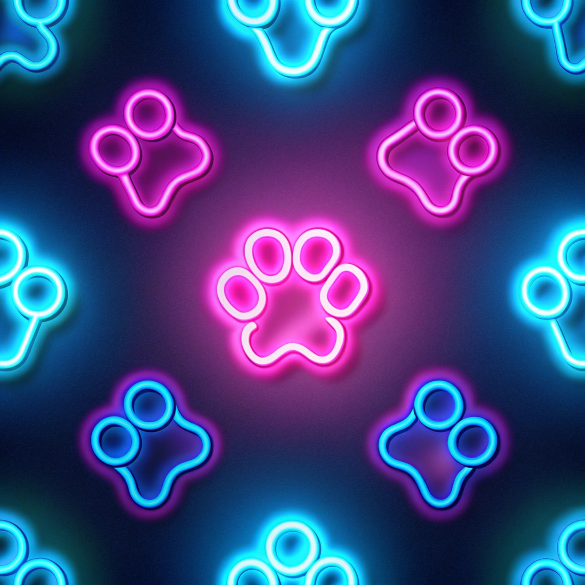 neon colors, electric blue, hot pink, magenta, paw prints, dog paws, animal tracks, glowing effect, neon lights, geometric pattern, repeating motif, vibrant colors, modern style, contemporary design, quilting cotton, fabric panel, pet themed, animal pattern, bright colors, luminous design