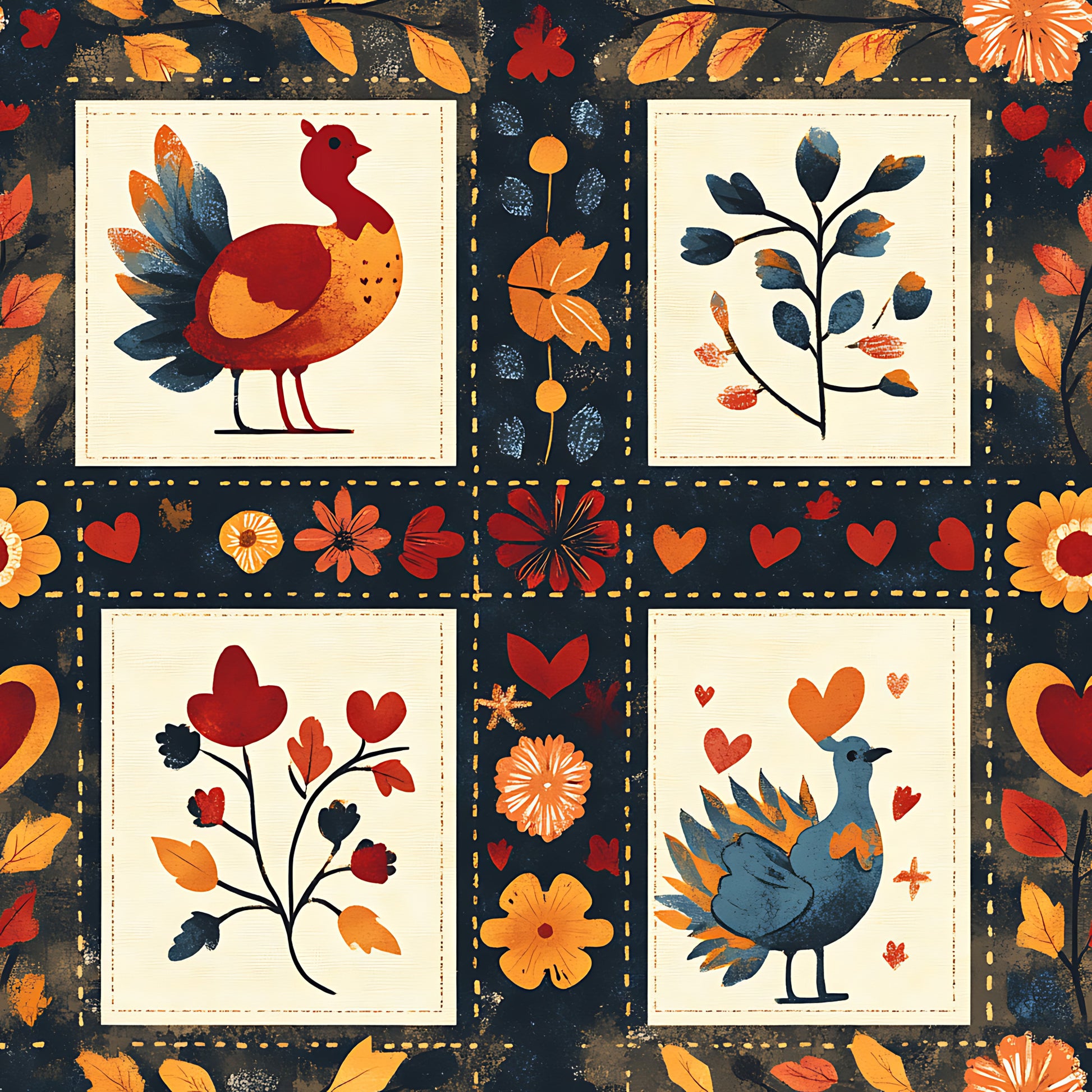 autumn colors, thanksgiving theme, folk art style, quilting cotton, fabric panel, turkey motifs, botanical elements, heart shapes, flowers, leaves, orange, red, navy blue, cream background, decorative blocks, seasonal design, warm palette, applique style, fall foliage, country charm